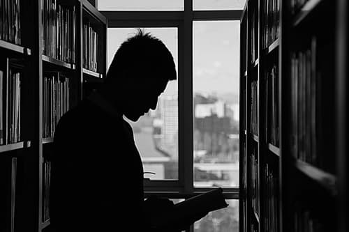 都会の暗い図書館で本を読む男性